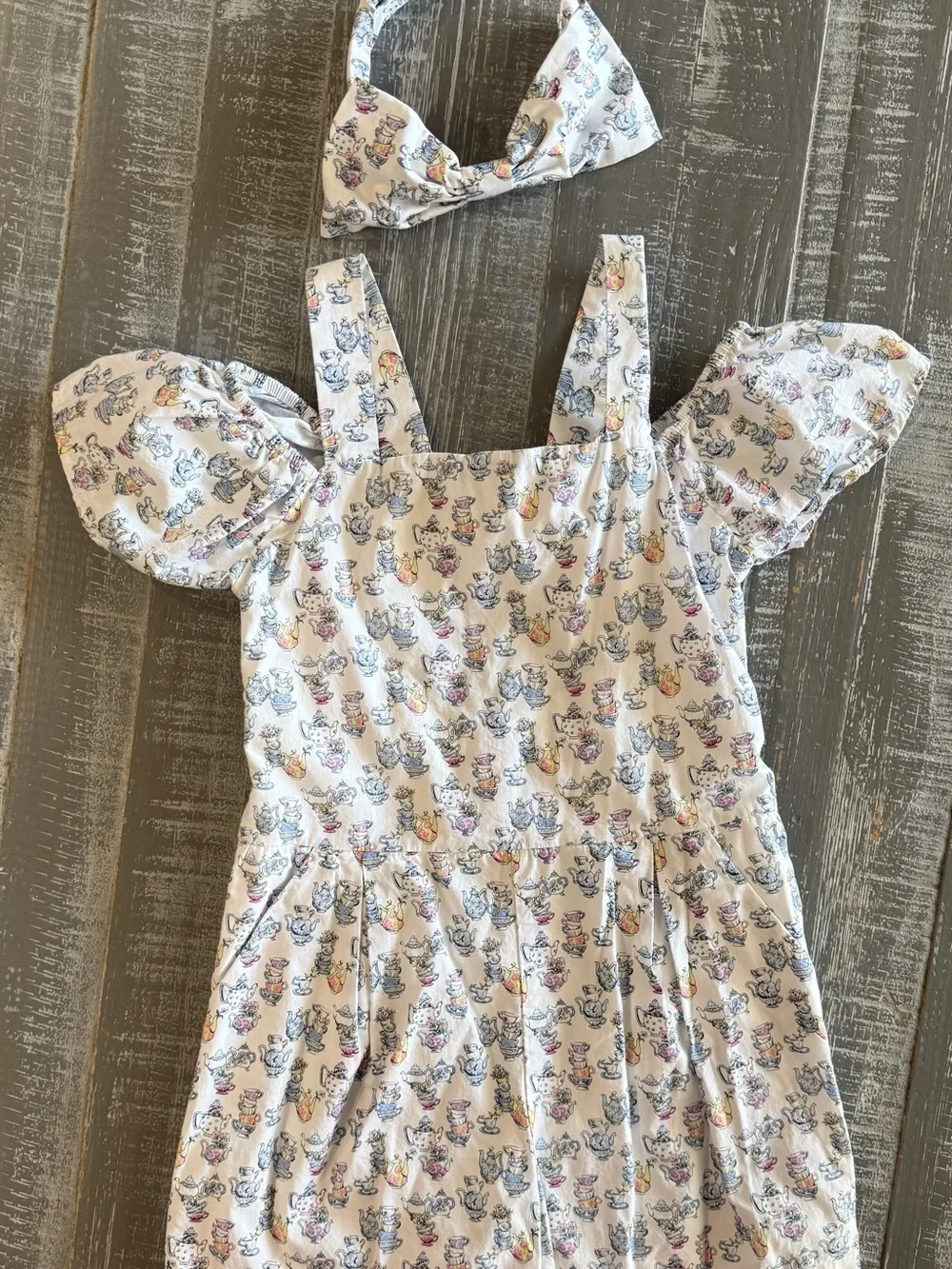 Disney + Janie and Jack White Romper with Colorful Cartoon Tea Cup Print